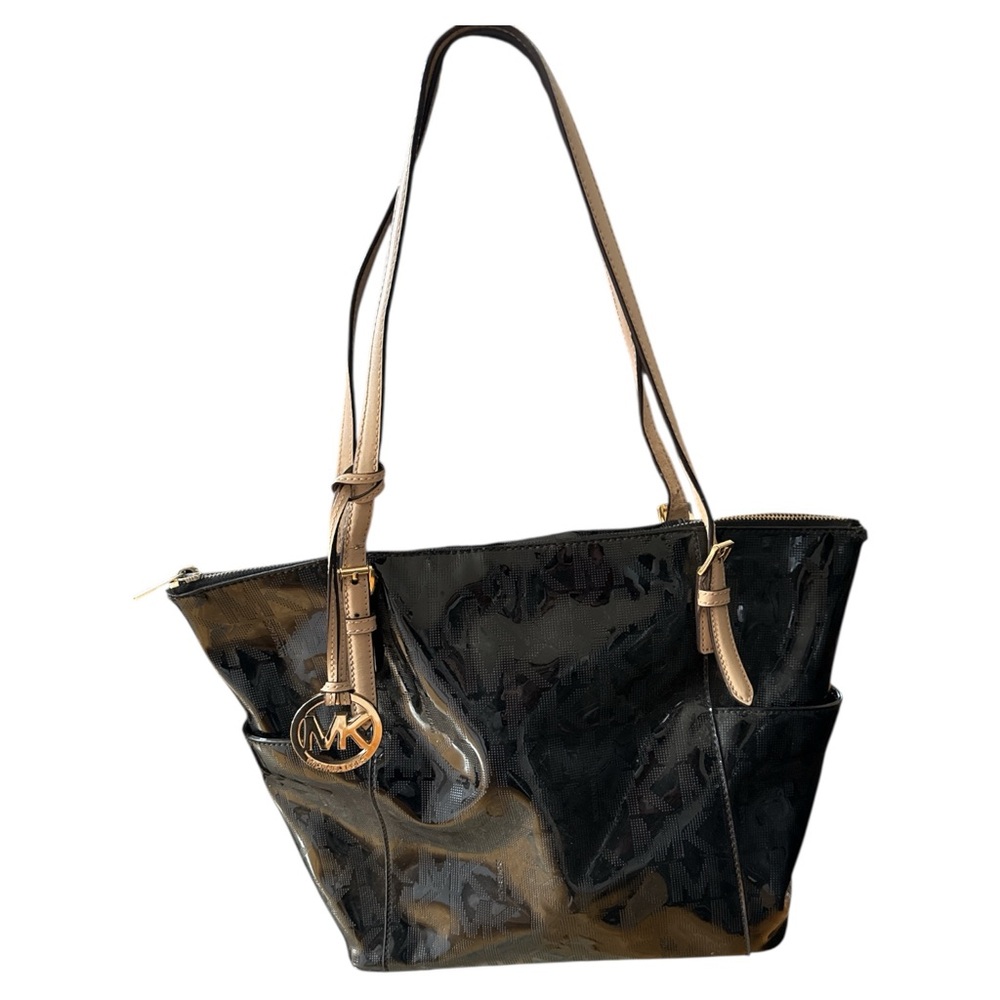 Michael Kors Black Patent PVC Logo Zipโ Tote Bag with Beige Straps